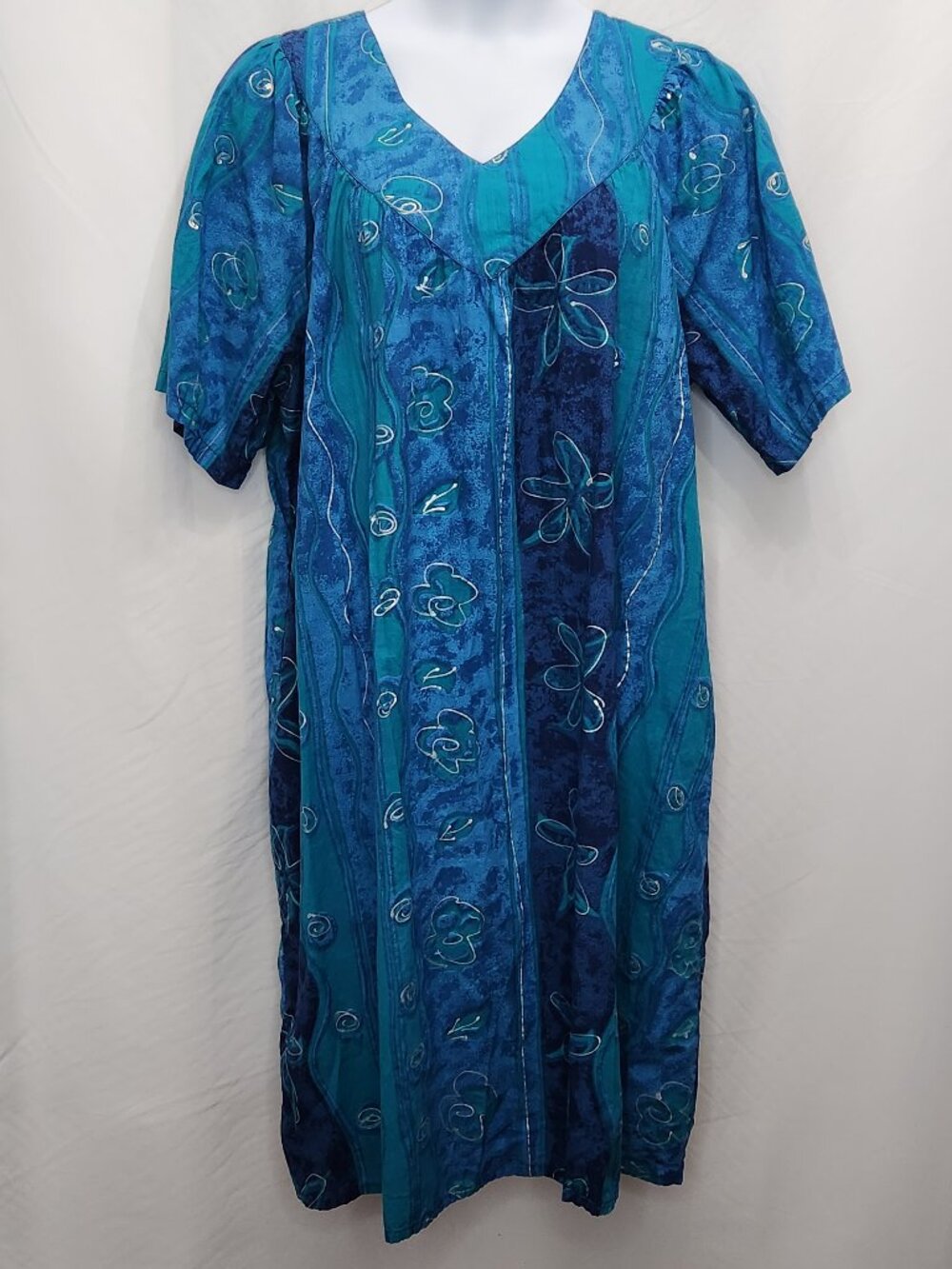 La Cera Midi Caftan Dress Womens 2X Plus Blue Shift Casual Boho Pocket Artsy K09